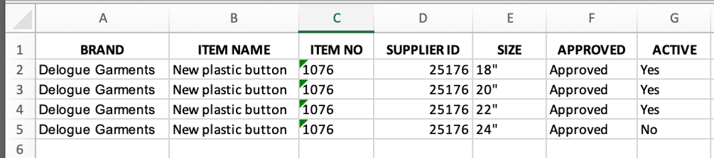 Item Size Reference Import/update item data