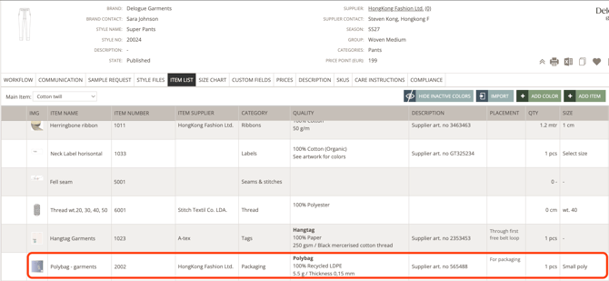 item packaging - item list