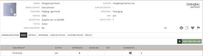item packaging - sizes