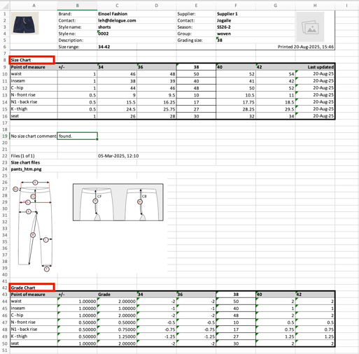 size chart - excel export