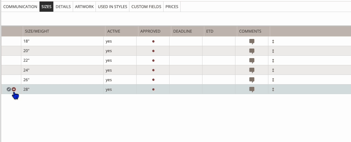 Delete item size